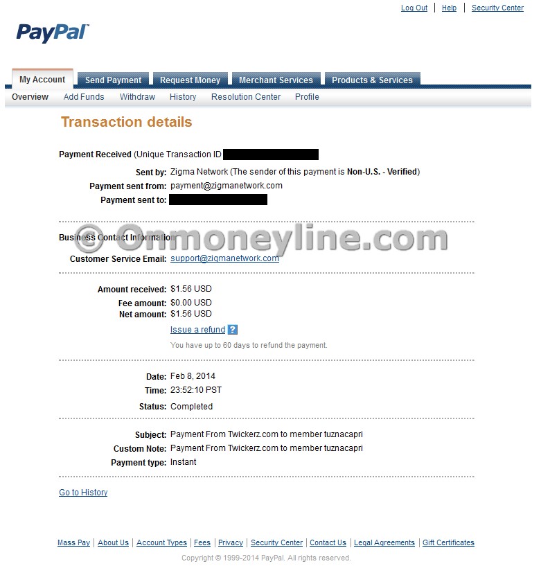 Twickerz Payment Proof to PayPal