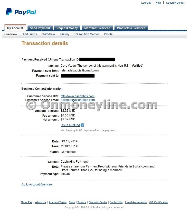 CashnHits Payment Proof from PayPal