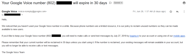 Your Google Voice number will expire in 30 days | OnMoneyLine