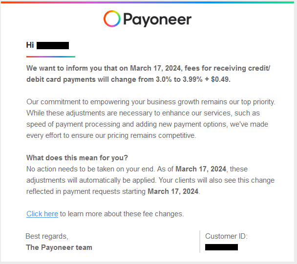 Payoneer Fees for receiving credit/debit card payments are changing on March 17, 2024